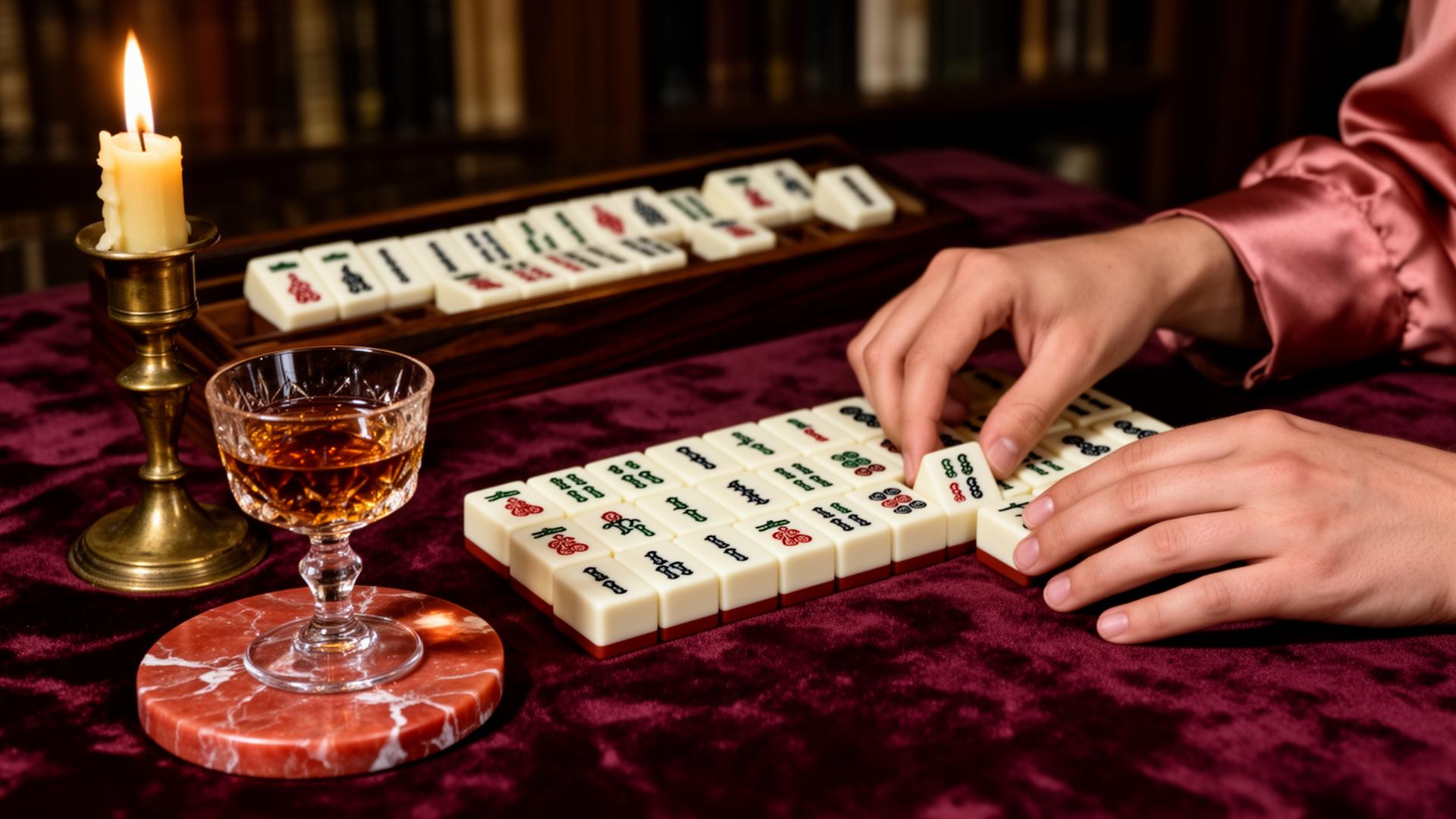 Hands arranging mahjong tiles by candlelight